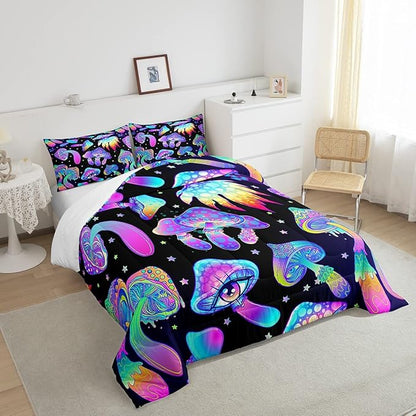 Mushroom Comforter Set Twin,Kawaii Trippy Botanical Bedding Set Psychedelic Plant Down Comforter For Kids Girls Teens Women Cartoon Cute Mushroom Room Decor Quilt Duvet Set With 1 Pillow Case Black