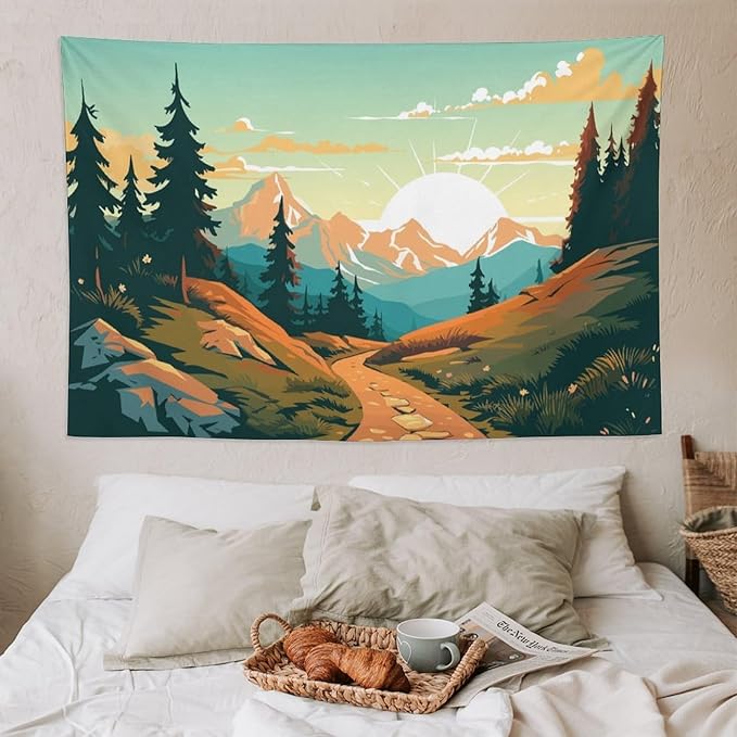 HZOHNAGO Mountain Tapestry Forest Mountain Sunrise Road Pattern Printed Wall Tapestry Wall Hanging for Bedroom Living Room Dorm 90" W x 60" H