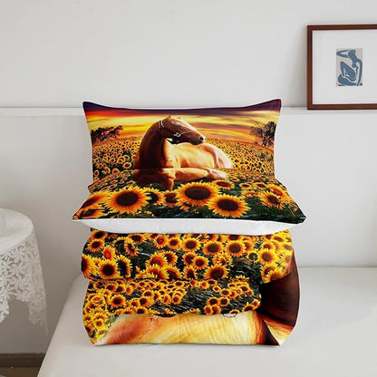 3D Horse Comforter Set for Kids Boys Wild Animal Down Comforter Girls Teen Adult Women Sunflower Quilted Duvet Brown Horse Bedding Comforters Cowboys Farmhouse Comforter with 2 Pillowcases, Queen Size
