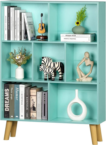 LEYAOYAO 7 Cube Bookshelf 3-Tier Bookcase with Legs, Mint-Green Kids Book Shelf Cute Storage Organizer, Toy Shelves Bookshelves,Wood Display Bookcases