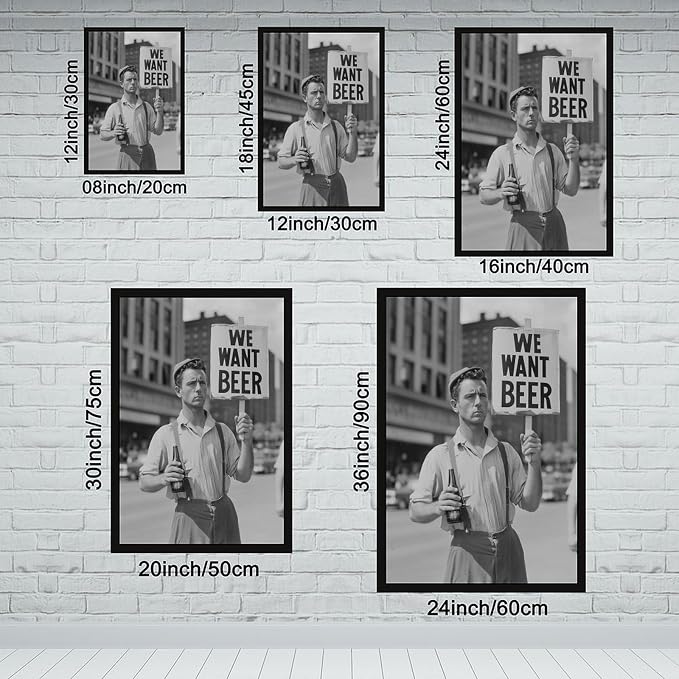UXCBIA We Want Beer Protest, Black And White, Vintage Prohibition Art, Man Cave Poster Canvas Poster Bedroom Decor Sports Landscape Office Room Decor Gift Black Frame 08x12in(20x30cm)