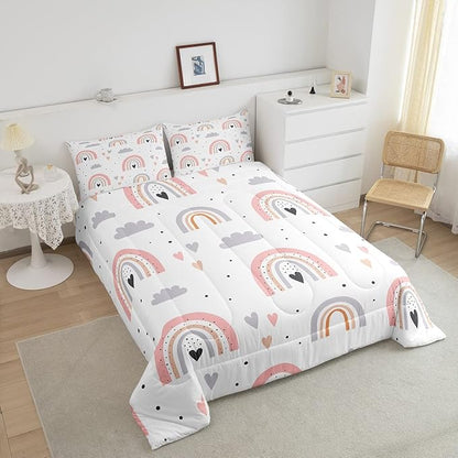 Rainbow Queen Bedding Sets For Girls, Kawaii Cloud Comforter Set 3 Pieces With 2 Pillow Cases, Pink Love Heart Down Comforter For Kids Boys Women Adult, Hand Drawn Cartoon Rainbow Duvet Insert