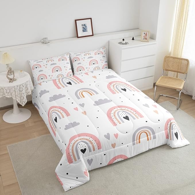 Rainbow Full Bedding Sets For Girls, Kawaii Cloud Comforter Set 3 Pieces With 2 Pillow Cases, Pink Love Heart Down Comforter For Kids Boys Women Adult, Hand Drawn Cartoon Rainbow Duvet Insert