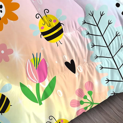 Rainbow Comforter Sets Twin Size Cartoon Floral Frogs Bedding Set for Girls Kids Children Boys Butterfly Flowers Bees Insects Cute Kawaii Quilt 1 Comforter + 1 Pillow Case
