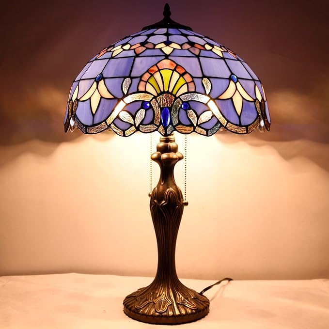 WERFACTORY Tiffany Lamp Blue Purple Stained Glass Baroque Table Lamp Lavender Style Bedside Desk Light Metal Base 16X16X24 Inches Decor Bedroom Living Room Home Office S003C Series (Blue Baraque)