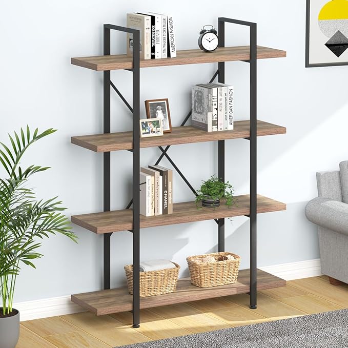 HSH Industrial 4 Tier BookShelf, Modern Metal and Wood 4 Shelf Bookcase Etagere, Farmhouse Open Wide Display Storage Bookshelves and Bookcases Heavy Duty for Bedroom Living Room Office, Rustic Oak