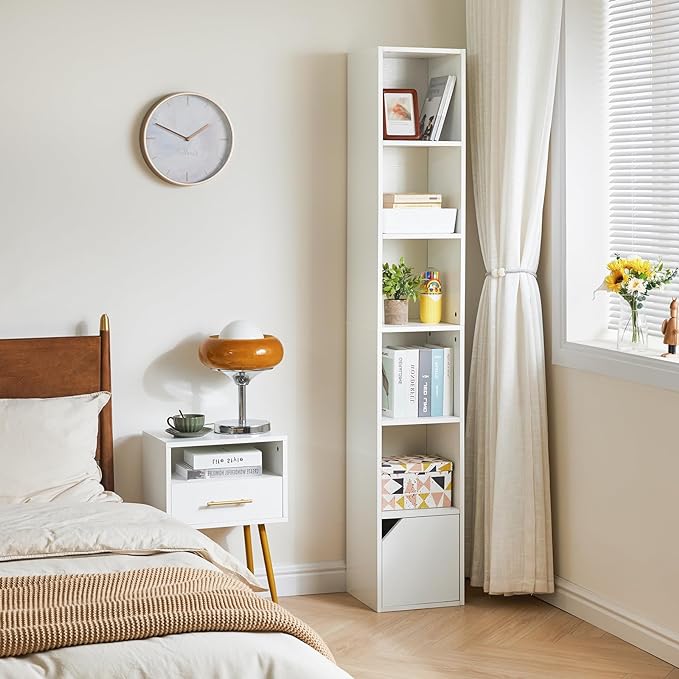 IBUYKE 6 Tier Tall Narrow Bookcase, Modern White Corner Bookcase with Doors Storage,Cube Media Tower Rack,Cabinet,Floor Standing Display Storage Shelves for Small Spaces,for Home Office White UWBC001W
