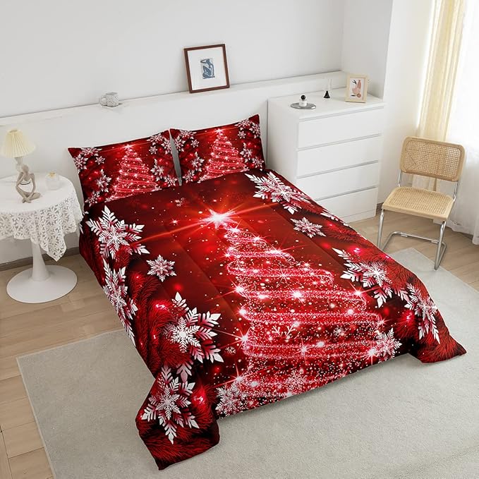 Feelyou Christmas Tree Comforter Set for Kids Boys Girls King Size Luxury Chic Xmas Bedding Set Glitter Snowflake Star Comforter Red Duvet Set Christmas Room Decor Quilt Boys