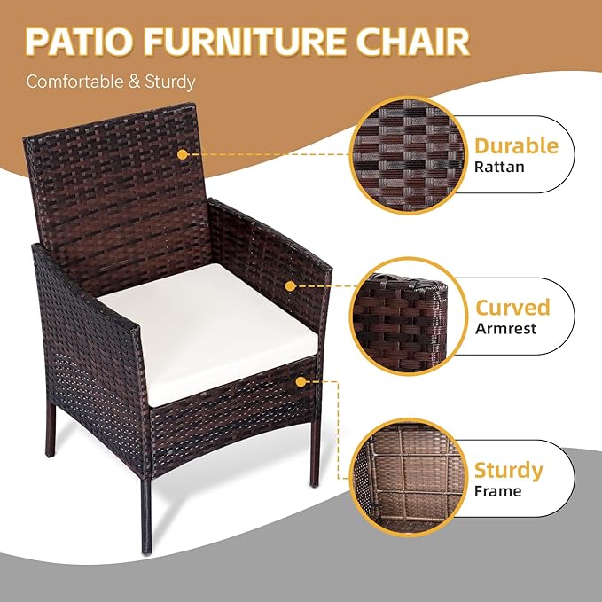 Patio Furniture Set 3 Pieces All-Weather Rattan Outdoor Furniture Patio Chairs with Tempered Glass Table for Porch Bistro Balcony Bistro Set(Brown/Beige-2)