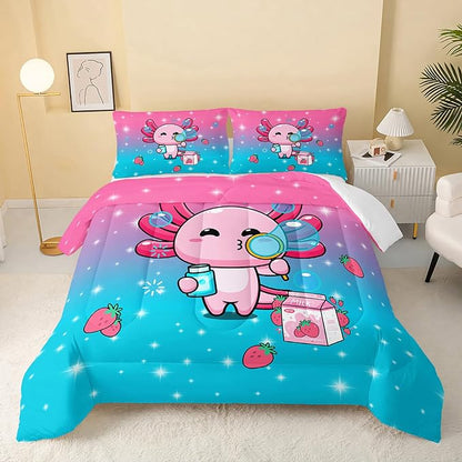 Kawaii Axolotl Comforter,Pink Salamander Comforter Set for Kids Teens Girls,3Pcs Bedding Set Printed Comforter with 2 Pillowcases,Down Alternative,Soft and Lightweight(Pink，Twin Size)