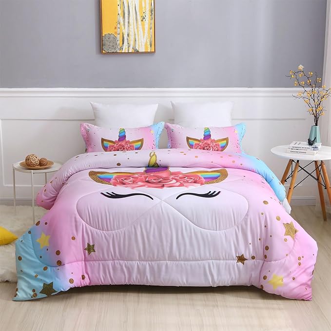 Unicorn Queen Bedding Sets for Girls Kids Comforter Set Queen Size with 2 Pillowcases Pink and Rainbow Unicorn Room Decor for Girls Bedroom Ultra Soft Machine Washable Toddler Bed Set