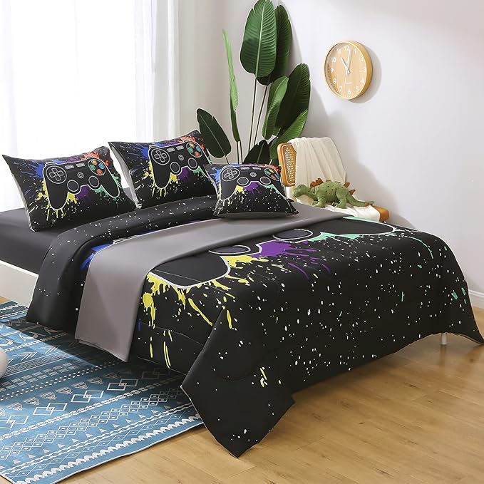 JQinHome Queen Gamer Comforter Sets for Boys&Girls,6 Piece Bed in A Bag 3D Video Game Bedding -All Season Microfiber Gamer Bedding Sets for Kids, with Pillowcase, Flat & Fitted Sheet,Cushion Cover
