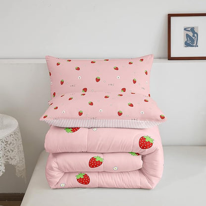 Girls Strawberry Comforter Set Twin Kawaii Strawberry Comforter For Kids Japanese Style Pink Cute Cartoon Fruit Food Theme Bedding Set Girly White Floral Down Comforter Reversible Soft Lightweight