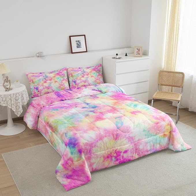 Erosebridal Kids Tie Dye Comforter Set, Bohemian Batik Down Comforter Queen Size, Boho Psychedelic Bedding Comforters for Children Girls Boys Teens Bedroom, Trippy Tattoo Watercolor Quilted Duvet