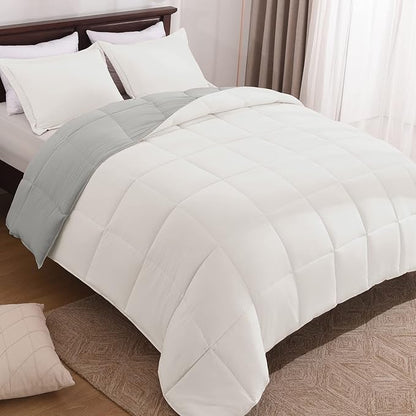 Basic Beyond King Size Comforter Set - Fluffy King Bed Comforter Set for All Seasons - Reversible White King Comforter Set - 3 Pieces (1 Comforter + 2 Pillow Shams) - White/Grey