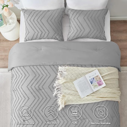 CozyLux Full Size Comforter Set Light Grey - 3 Pieces Boho Tufted Shabby Chic Bedding Comforter Set for All Seasons, Chevron Bedding Sets with Comforter & 2 Pillow Shams