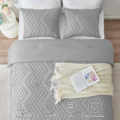 CozyLux King Size Comforter Set Light Grey - 3 Pieces Boho Tufted Shabby Chic Bedding Comforter Set for All Seasons, Chevron Bedding Sets with Comforter & 2 Pillow Shams