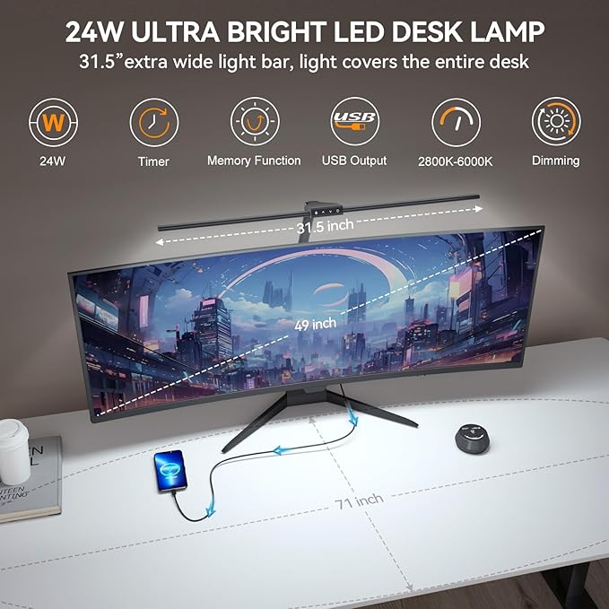 LED Desk Lamp with Clamp for Home Office, 24W Ultra Bright 7 Stepless Dimming/5 Color Modes/Timer, Architect Modern Table Lamp with Touch and Remote Control USB Charging Port for Study Reading