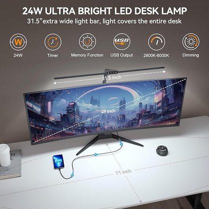 LED Desk Lamp with Clamp for Home Office, 24W Ultra Bright 7 Stepless Dimming/5 Color Modes/Timer, Architect Modern Table Lamp with Touch and Remote Control USB Charging Port for Study Reading