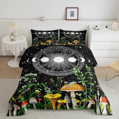 Cute Mushroom Comforter Set Sun and Moon All Season Down Comforter for Kids Boys Girls Teens Trippy Decor Boho Galaxy Constellations Bedding Set Starry Sky Wild Flowers Quilt Set Room Decor Queen Size