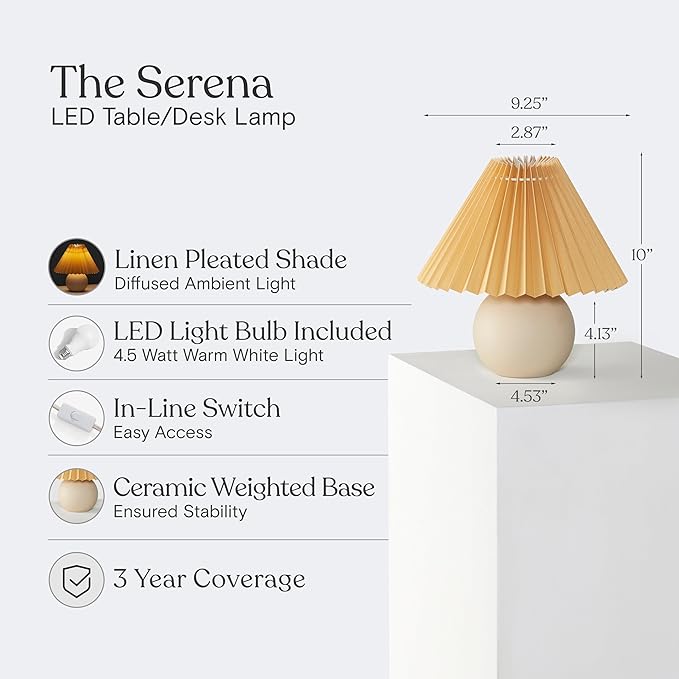 Brightech Serena LED Table Lamp - Modern Ceramic Lamp with Pleated Shade for Bedside, Nightstand, Desk - Cozy Night Light with Soft White Light for Living Room, Bedroom