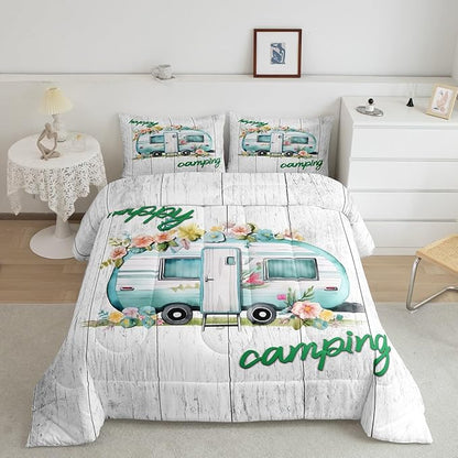 Girls Camper Bedding Set Camping Car Floral Comforter Set Full Rustic Farmhouse Theme Bedding Comforters Camping Decor Retro Chic Flower Quilted Comforter Old Barn Door Vintage Wooden Duvet Set