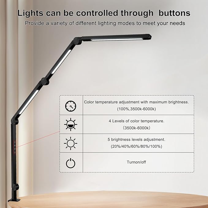 LED Desk Lamp with Clamp Flexible 4 sections Swing Arm Three light sources desk light, 4 Color Modes & 5 Brightness, Eye Caring Led table light with Memory Function for table lamps for office