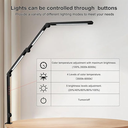 LED Desk Lamp with Clamp Flexible 4 sections Swing Arm Three light sources desk light, 4 Color Modes & 5 Brightness, Eye Caring Led table light with Memory Function for table lamps for office