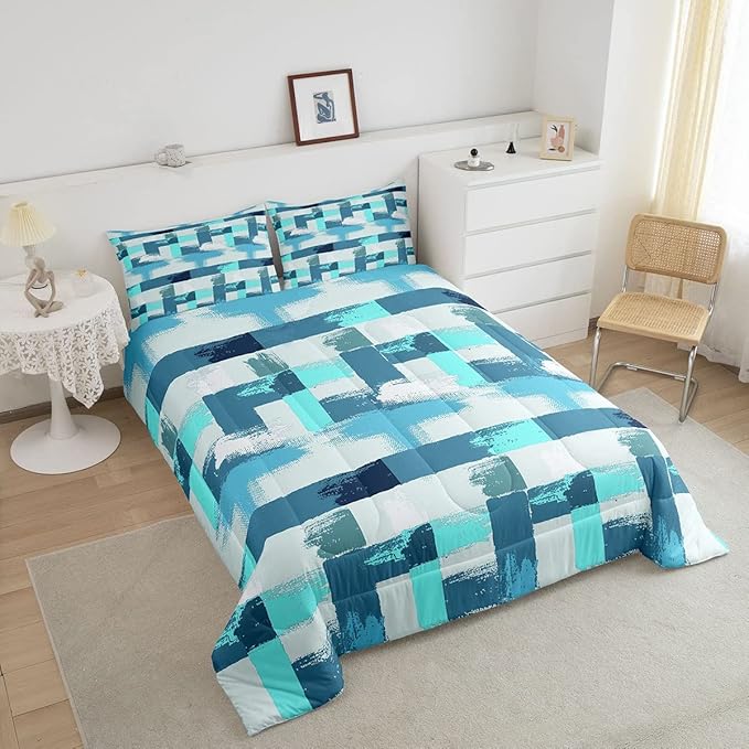Teal Blue Stripes Comforter Set for Girls Boys Kids Turquoise Stripe Line Bedding Set Geometric Down Comforter Room Decor Abstract Art Gradient Ombre Quilt King Size Duvet Set 3Pcs Boys