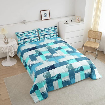 Teal Comforter Set Full Size Turquoise Comforter Blue Grey Grunge Ombre Bedding Set for Kids Boys Girls Adults Bedroom Decor Watercolor Abstract Contemporary Quilt Duvet Insert with 2 Pillowcases
