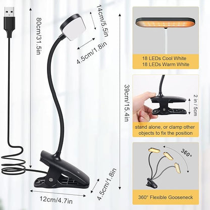 Clip on Light Reading Lights, 36 LED USB Desk Lamp with 5 Color 5 Brightness, Eye Protection Book Clamp Light, Perfect for Video Conference Lighting, Desk, Bed Headboard and Computers (Black)