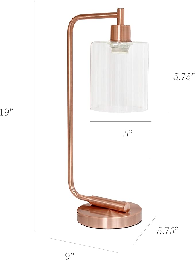 Simple Designs LD1036-RGD Bronson Antique Style Industrial Iron Lantern Desk Bedside Glass Shade Table Lamp, Rose Gold