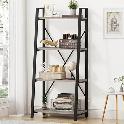 BON AUGURE Rustic Ladder Bookshelf, 4 Tier Industrial Ladder Shelf Bookcase, Standing Leaning Book Shelves for Living Room (Dark Gray Oak)
