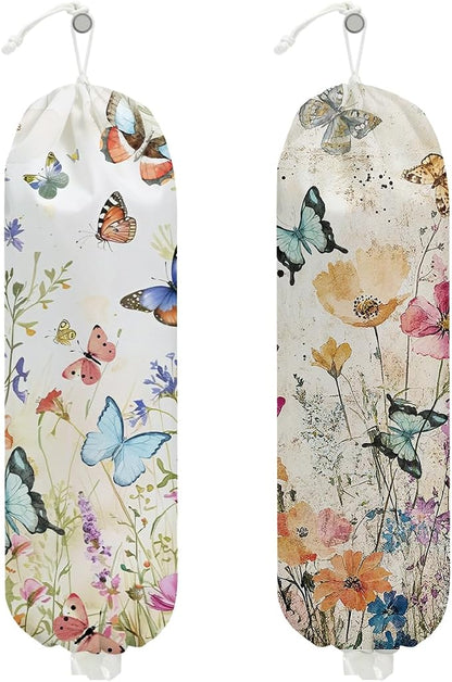 2 Pcs Vintage Floral Plastic Bag Holder, Wall Mount Trash Bag Holder | Summer Floral Colorful Butterfly Reusable Grocery Bags Storage Dispenser for Home Kitchen Pantry, Butterfly Gifts for Women