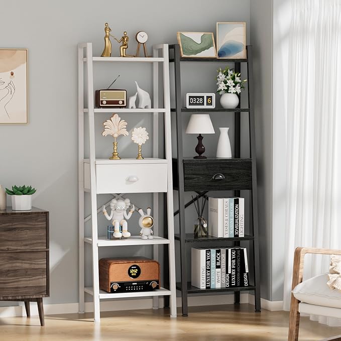 Furologee 5 Tier BookShelf, Ladder Shelf with Drawer, Tall Bookcase Corner Shelf, Narrow Shelf Industrial Display Standing Units for Home Office, Living Room, Bedroom, Kitchen, White
