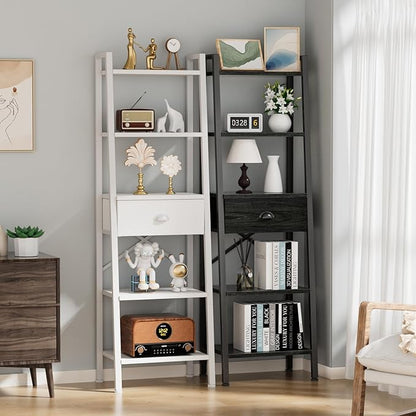 Furologee 5 Tier BookShelf, Ladder Shelf with Drawer, Tall Bookcase Corner Shelf, Narrow Shelf Industrial Display Standing Units for Home Office, Living Room, Bedroom, Kitchen, White