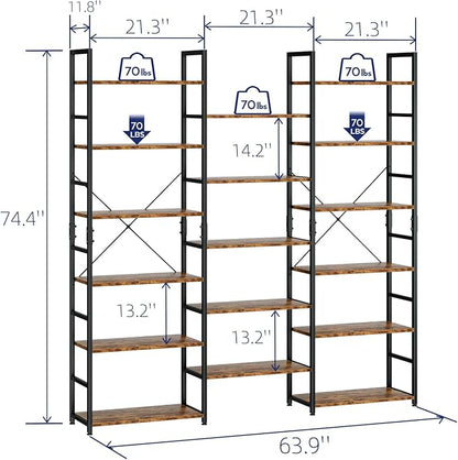 NUMENN Triple Wide 6 Tier Bookshelf, Rustic Industrial Style Bookcases and Bookshelves with 17 Open Display Shelves, Modern Tall Bookcase Furniture for Bedroom, Living Room and Home Office, Vintage