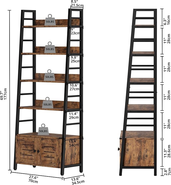 IRONCK Bookshelf with Louvered Doors, 4-tier Ladder Shelf with Cabinet Industrial Accent Furniture for Bedroom Living Room Home Office, Rustic Brown
