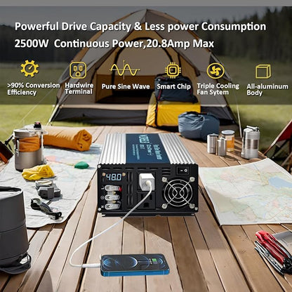 WZRELB 2500W Pure Sine Wave Inverter 48V DC to 110V 120V AC Power Converter with LED Display, Hardwire Terminal,Off-Grid Portable Power Inverter with Dual AC Outlets for Home, RV, Truck, Camping