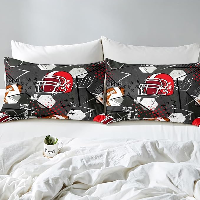 Erosebridal Football Comforter Set Queen,Red American Football Helmet Bedding Set for Kids Boys Teens Men Bed,Grunge Geometric Hexagon Comforter Retro Grey Soft Quilt Duvet Sets with 2 Pillow Cases