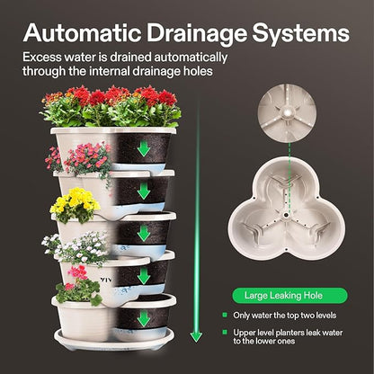 VIVOSUN 5 Tier Vertical Gardening Stackable Planter for Strawberries, Flowers, Herbs, Vegetables, Ivory