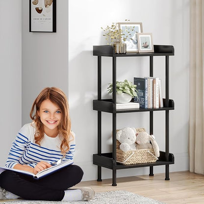 Bookshelf Small Book Shelf - 3-Tier Wood Bookcase Industrial Bookshelf with Edge Protection Metal Standing Book Shelves Display Book Rack for Living Room Bedroom Home Office (Black)