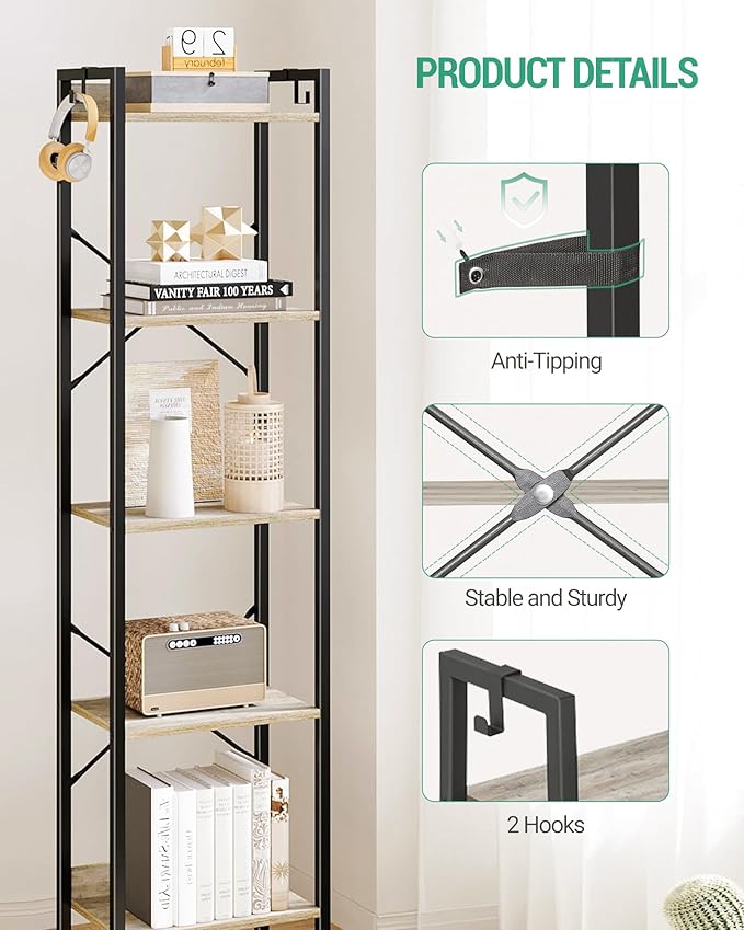 Bookshelf, Book Shelf, Industrial Bookcase with 2 Hooks, Coner Shelf Storage Organizer for Home Office, Living Room, Bedroom, Kitchen, 5-Tier Greige BC10505B