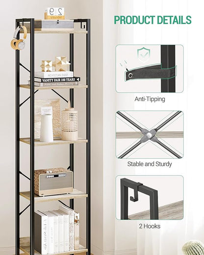 Bookshelf, Book Shelf, Industrial Bookcase with 2 Hooks, Coner Shelf Storage Organizer for Home Office, Living Room, Bedroom, Kitchen, 5-Tier Greige BC10505B