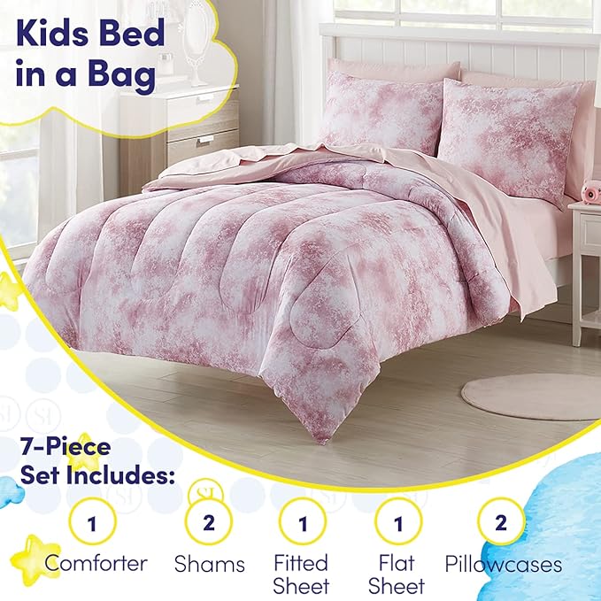 Kids Bedding Set Bed in a Bag for Boys and Girls Toddlers Printed Sheet Set and Comforter, Full, Waterbury Marble (Pack of 4)