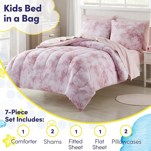 Kids Bedding Set Bed in a Bag for Boys and Girls Toddlers Printed Sheet Set and Comforter, Full, Waterbury Marble (Pack of 4)
