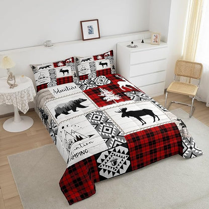 Deer Antlers Bear Kids Comforter Set Twin Size,Plaids Aztec Arrows Patchwork Bedding Set for Boys Girls Adults Room Decor,Rustic Adventure Xmas Down Comforter,Red Retro Duvet Insert,1 Pillowcase