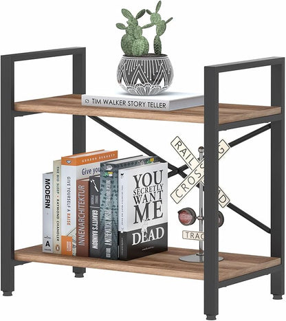 BON AUGURE Small Bookshelf for Small Space, Industrial 2 Tier Wood Metal Bookcase, Rustic Short Book Shelf for Living Room, Bedroom and Office (Vintage Oak)