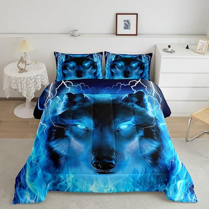 Feelyou Wolf Bedding Set Safari Animal Pattern Comforter Cool Wildlife Style Comforter Set for Boys Girls Kids Room Decor Glitter Blue Wild Wolf Lightweight Duvet Set King Size with 2 Pillow Case