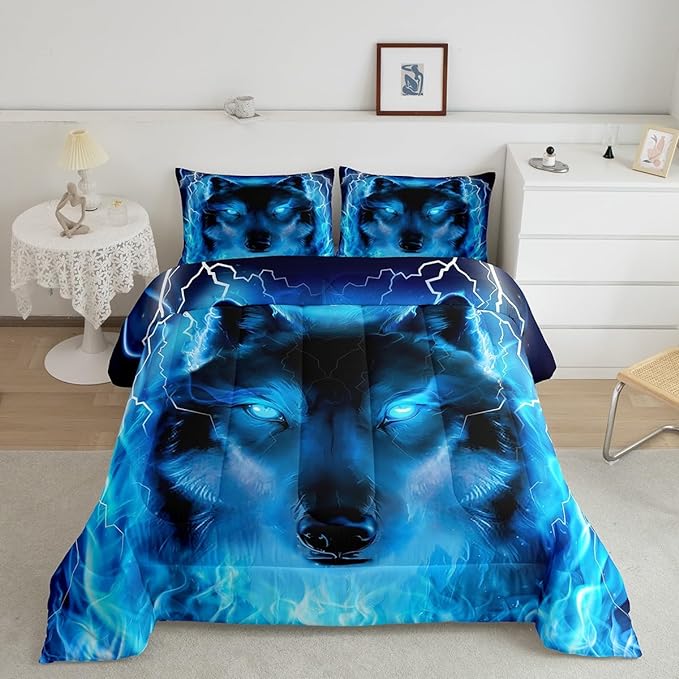 Wolf Bedding Set Safari Animal Pattern Comforter Cool Wildlife Style Comforter Set for Boys Girls Kids Room Decor Glitter Blue Wild Wolf Lightweight Duvet Set Full Size with 2 Pillow Case